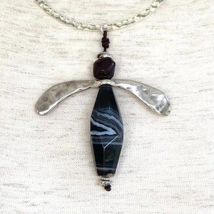 Black Banded Agate Dragonfly Pendant Silver plated